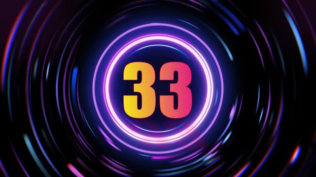 Futuristic countdown timer with glowing neon number 33 centered in swirling cosmic energy vortex abstract digital motion background