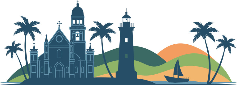 Goa skyline vector flat silhouette landscape illustration showcasing traditional church coastal lighthouse tropical palm trees fishing boat scenic mountains travel destination, tropical tourism