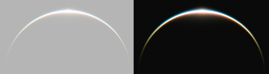 Magic iridescent glowing arc set, realistic holographic lens flare and rainbow light effect on black and grey backgrounds © Maxim