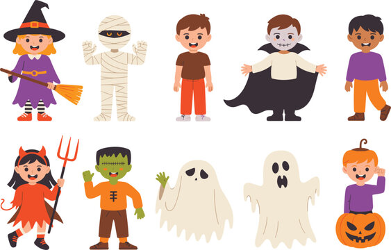 Halloween kids characters set, witch mummy vampire devil ghost pumpkin costumes, cartoon spooky vector illustration collection