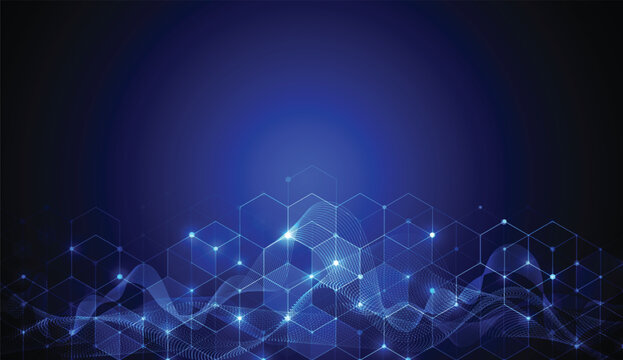 Abstract blue technology background with hexagonal grid and glowing digital wave particles.