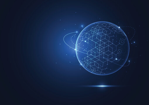 Abstract global digital network technology background with glowing world sphere and hexagon grid.