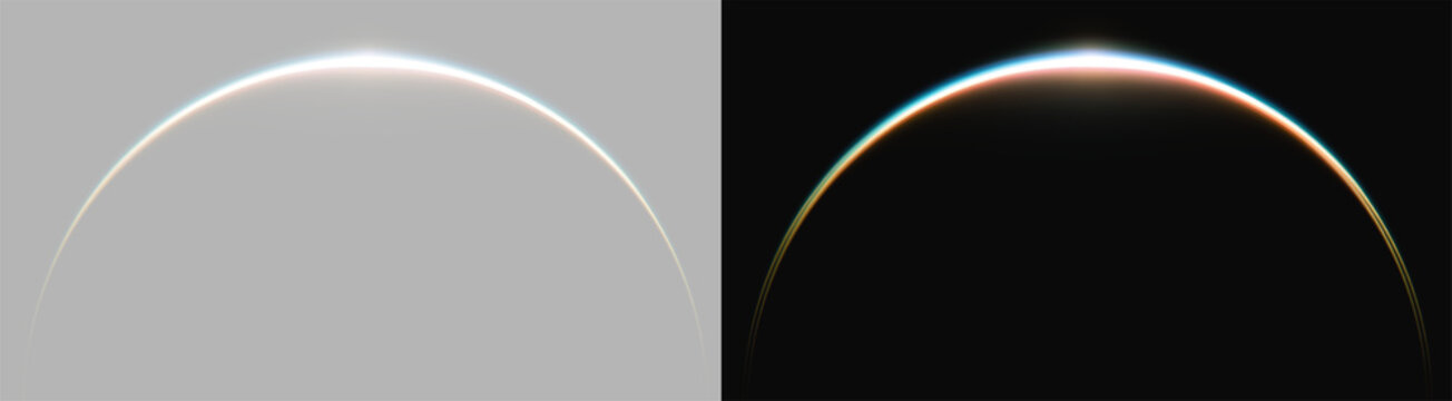 Magic iridescent glowing arc set, realistic holographic lens flare and rainbow light effect on black and grey backgrounds