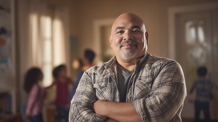Naklejka premium Smiling man with children in a warm home.