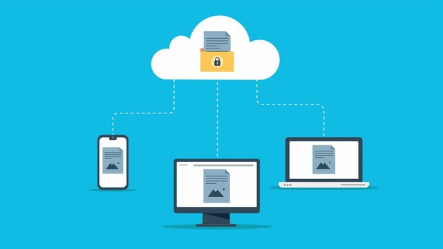 Secure cloud document. online cloud data storage. Secure cloud storage for seamless file access across devices. Ideal for technology, cybersecurity, cloud computing. 2d animation.