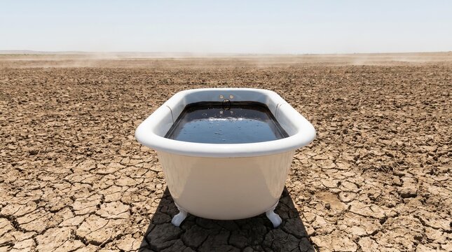 Climate Disaster Concept: Bathtub filled with Oil in Dried Desert