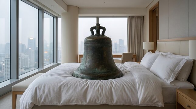 Heavy Sleep Concept: Antique Bronze Bell on Luxury Hotel Bed