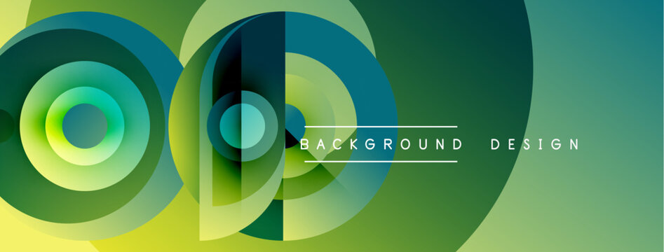 Abstract geometric shapes, vibrant green hues, overlapping circles create modern background design. Smooth gradients offer visual depth.