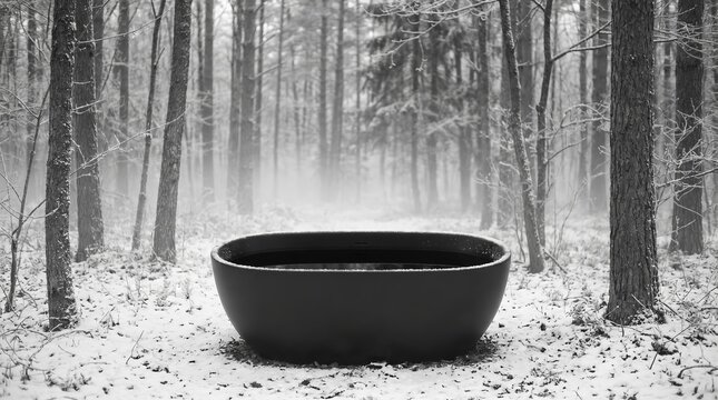 Outdoor Wellness: Modern Black Bathtub in Snowy Foggy Forest
