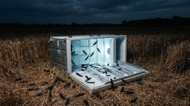 Surreal Night Scene: Refrigerator filled with Black Feathers in Field
