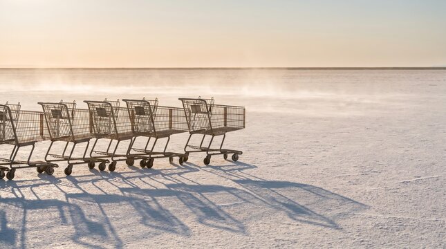 Scarcity Concept: Row of Empty Shopping Carts in White Salt Desert