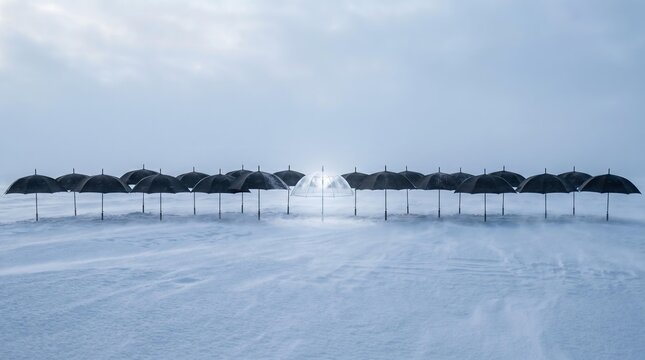 Standing Out Concept: Glowing Clear Umbrella among Black Umbrellas