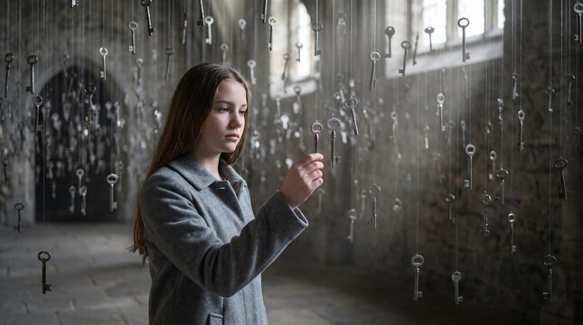Seeking Answers: Young Woman Choosing Keys in Mysterious Hall