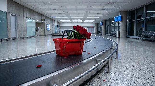 Airport Romance: Red Roses in Basket on Luggage Carousel
