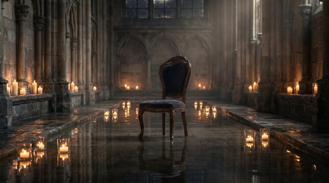 Solemn Solitude: Antique Chair in Flooded Hall with Candlelight