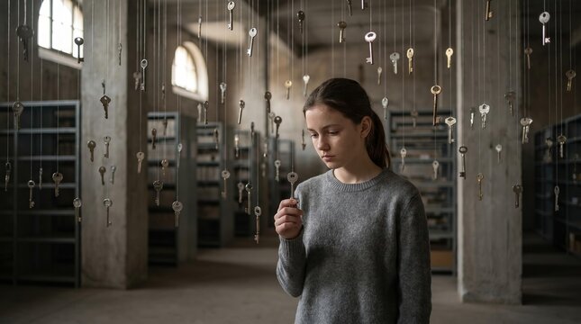 Bureaucracy Concept: Girl Looking for Keys in Dusty Archives