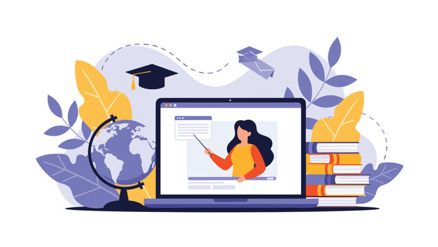 Online education concept with computer screen showing teacher surrounded by books globe and graduation caps for digital e-learning.