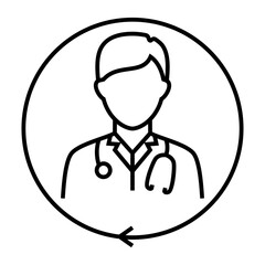 Fototapeta premium Simple outline illustration of a male doctor with stethoscope inside circular frame. Clean medical avatar symbol for healthcare, clinic, hospital, and telemedicine projects.