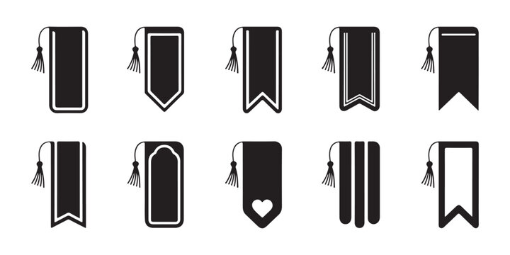 Twelve decorative black page marker icons with tassels for book marking and academic reading organizational use.