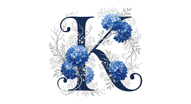 Elegant navy blue letter K monogram decorated with blue hydrangeas, baby's breath, and silver vines. Luxury floral alphabet isolated on white background for wedding and brand design.