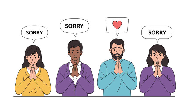Diverse group of people with speech bubbles saying sorry and showing apologetic gestures while standing on a white background.