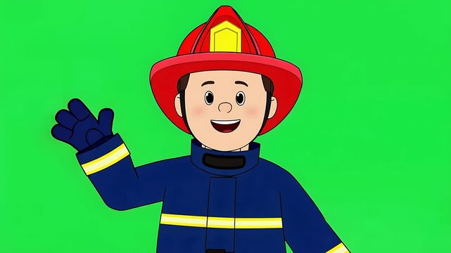 Cheerful Animated Fireman Character Waving Hand on Green Screen