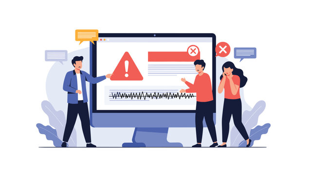Group of people reacting with panic and confusion in front of a computer monitor displaying a large red error warning sign.