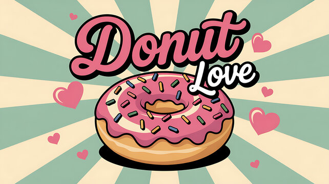 Illustration of pink strawberry donut with sprinkles and hearts on sunburst background for bakery dessert shop poster.