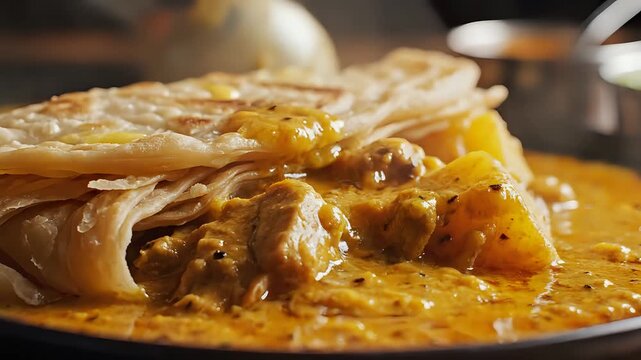 Delicious Indian Chicken Curry with Flaky Paratha Bread Closeup.