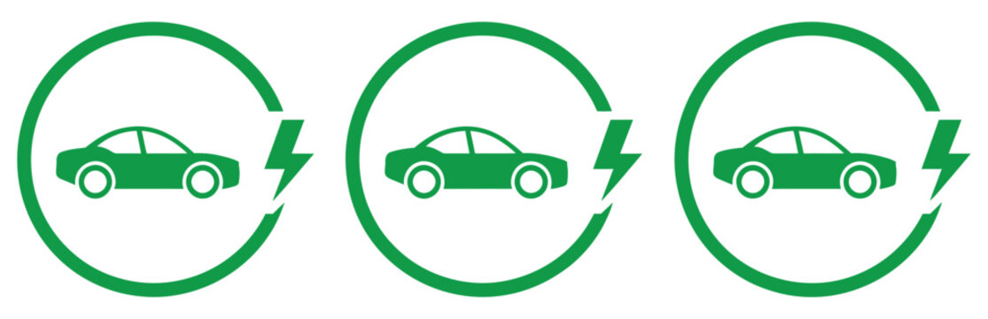 Electric vehicle charging icon set, green EV car with power plug circle symbols collection, renewable energy transport illustration, minimal flat vector design for charging stations