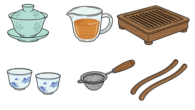Traditional Chinese Tea Ceremony Utensils Set Illustration