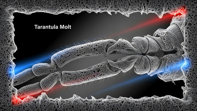 A close-up view of a tarantula's molted exoskeleton on a neutral surface, showcasing detailed texture and structure.