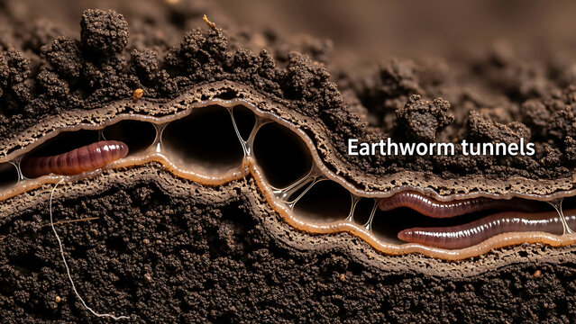 Earthworm tunnels through dark soil with brown earthworm and visible burrows.
