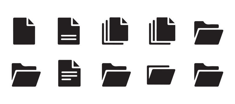 Comprehensive collection of file folder and document silhouette icons for professional archive data storage.