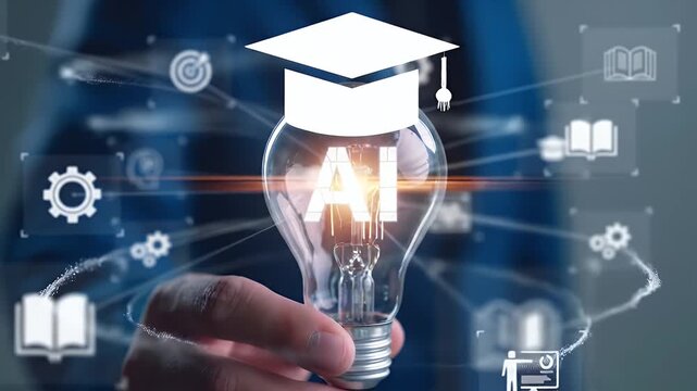 AI education concept with businessman holding glowing light bulb