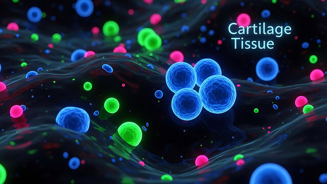 Microscopic view of cartilage tissue with cells and fibers in a laboratory setting under a microscope lens.