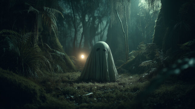 A ghostly figure emerges from the shadows in a dark forest