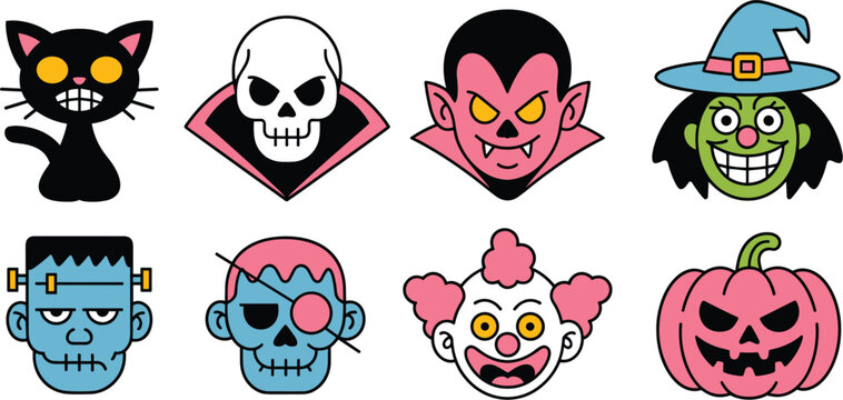 Halloween face icons set, spooky characters skull vampire witch clown pumpkin monster, cartoon vector illustration collection