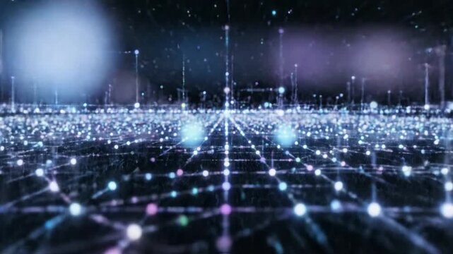 Animated futuristic digital grid with glowing nodes and connecting lines in 3d space 4k video