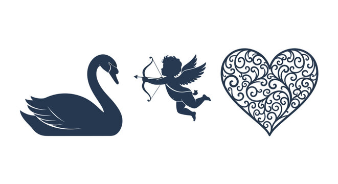 Swan and cherub with heart symbol.