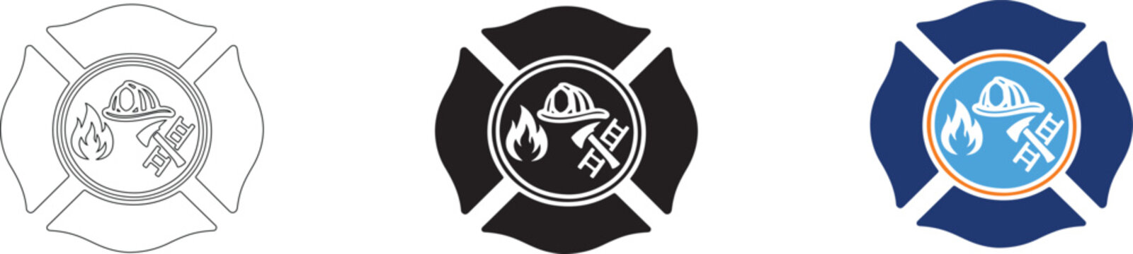 Fire service emblem icon collection .Firefighter, emergency, safety and hazard sign representing protection, rescue, and fire service emblem.  Fire department badge icon.Emergency fire badge icon pack