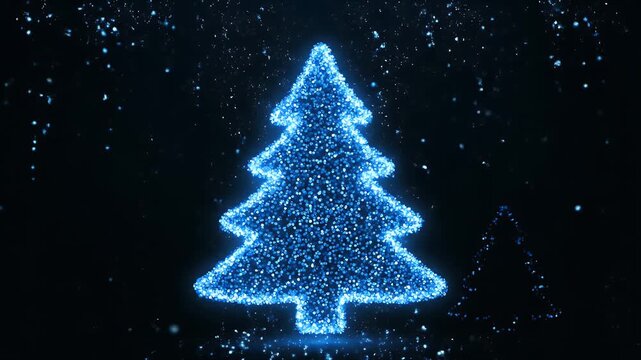 Sparkling Blue Christmas Tree Animation on Dark Background with Snowfall and Glitter Effect Seamless Loop Perfect for