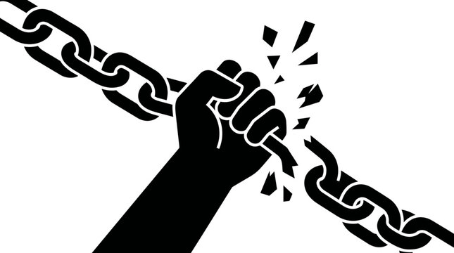 A powerful black silhouette of a clenched fist breaking a heavy metal chain, symbolizing freedom, liberation, and overcoming oppression.