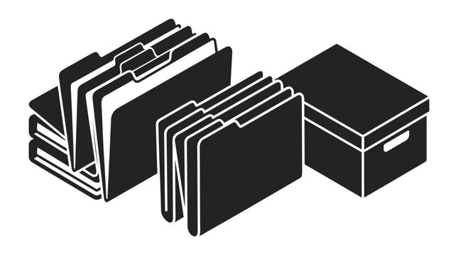Isometric black and white illustration of file folders and an archive box, representing document organization and storage.