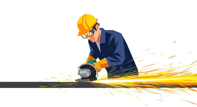Construction worker grinding metal with sparks flying, safety gear