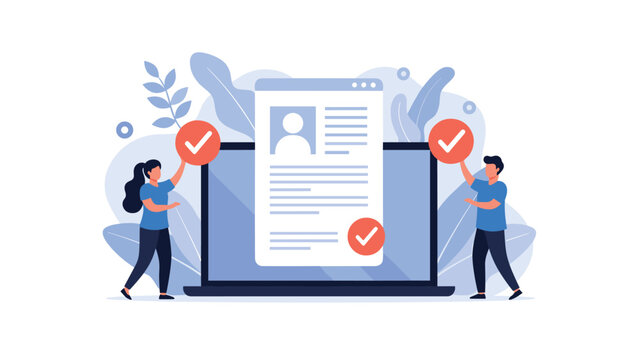 Man and woman holding checkmark symbols next to a laptop screen displaying a profile for job recruitment and candidate selection process.