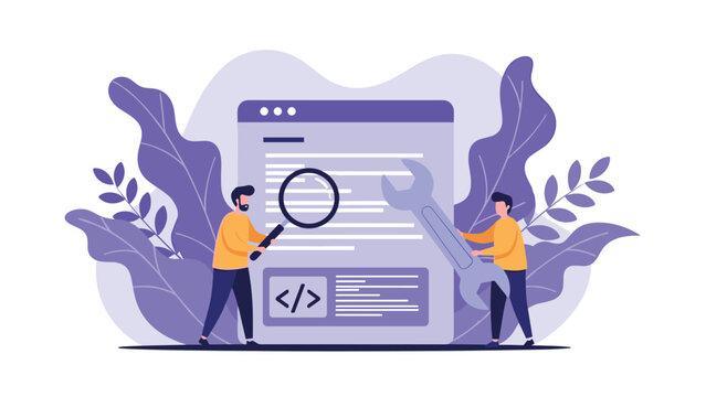 Web developers using a wrench and a magnifying glass to repair and optimize a website interface representing site maintenance and bug fixes.