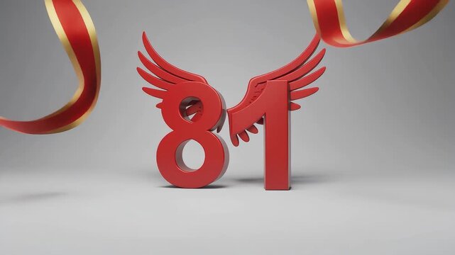 3d number 81 with red ribbon and flying garuda wing silhouette