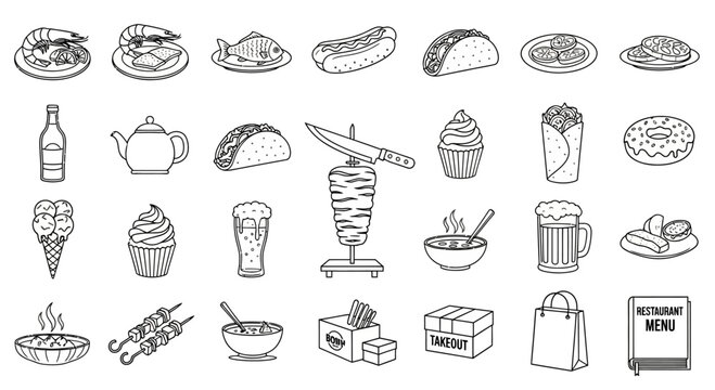 Food Line Art Illustration of Restaurant Menu and Cuisine Options 70 90