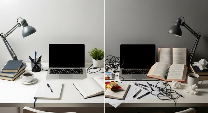 A modern desk setup with a laptop, notebooks, pens, coffee cup, and books. The second image shows a more cluttered workspace, with snacks, tangled cords, and crumpled papers.